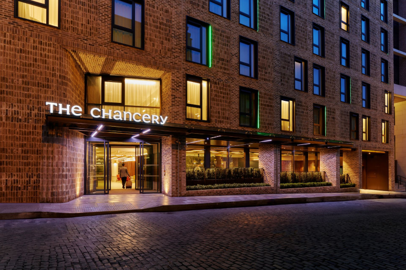 Exterior of The Chancery, Dublin's newest hotel, at night. Ideal for business events and stays.