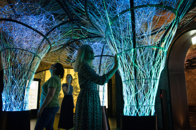 People interacting with glowing, artistic structures at the EPIC Irish Emigration Museum in Dublin