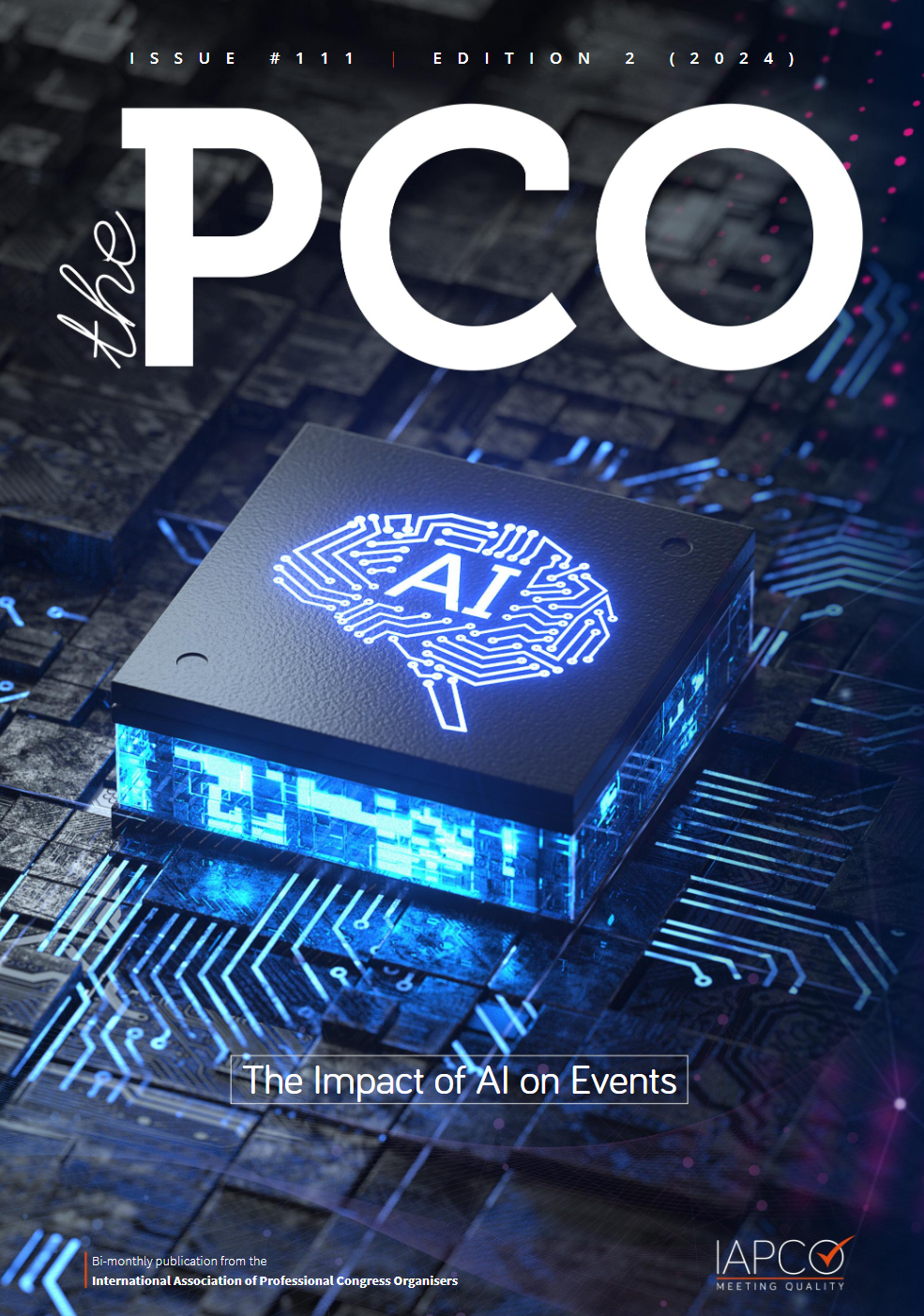 Front cover of The PCO magazine, Issue #111 by IAPCO, featuring a computer chip with the word 'AI' emblazoned on the top.