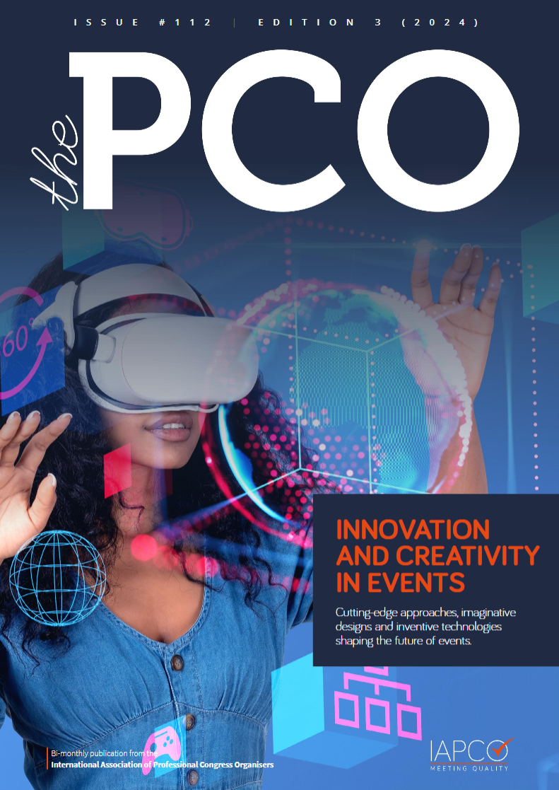 Magazine cover titled "The PCO," Issue #112, Edition 3 (2024). Features a woman in a VR headset and highlights "Innovation and Creativity in Events." Published by the International Association of Professional Congress Organisers (IAPCO).